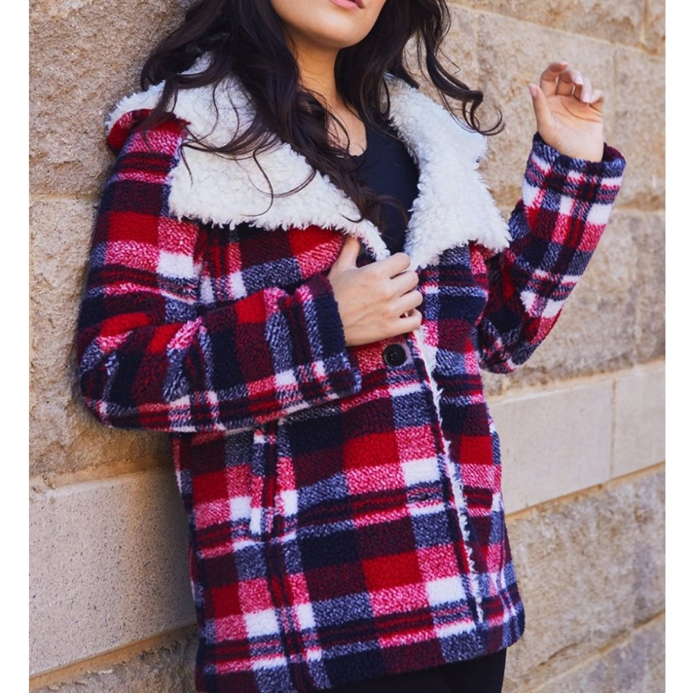 Steve Madden Red Plaid Sherpa Trim Coat